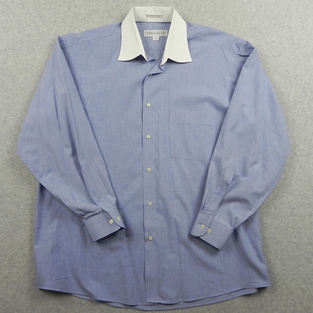 Perry Ellis Portfolio Shirt Mens 16.5 32/33 Pocket Button Up Blue Long Sleeve